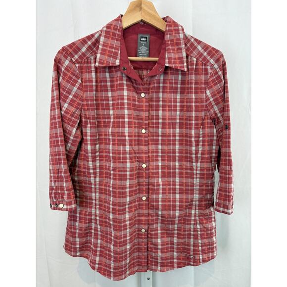 REI Plaid Snap Front Shirt 3/4 Sleeve Nylon Blend Mesh Lined Coral Red Size S - Picture 1 of 7